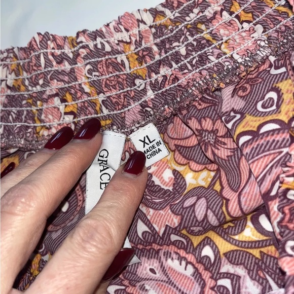 XL Pink Peach Paisley DRESS Wide Stretch Neck Ruffle Trumpet Sleeve RUFFLE HEM - Picture 7 of 14